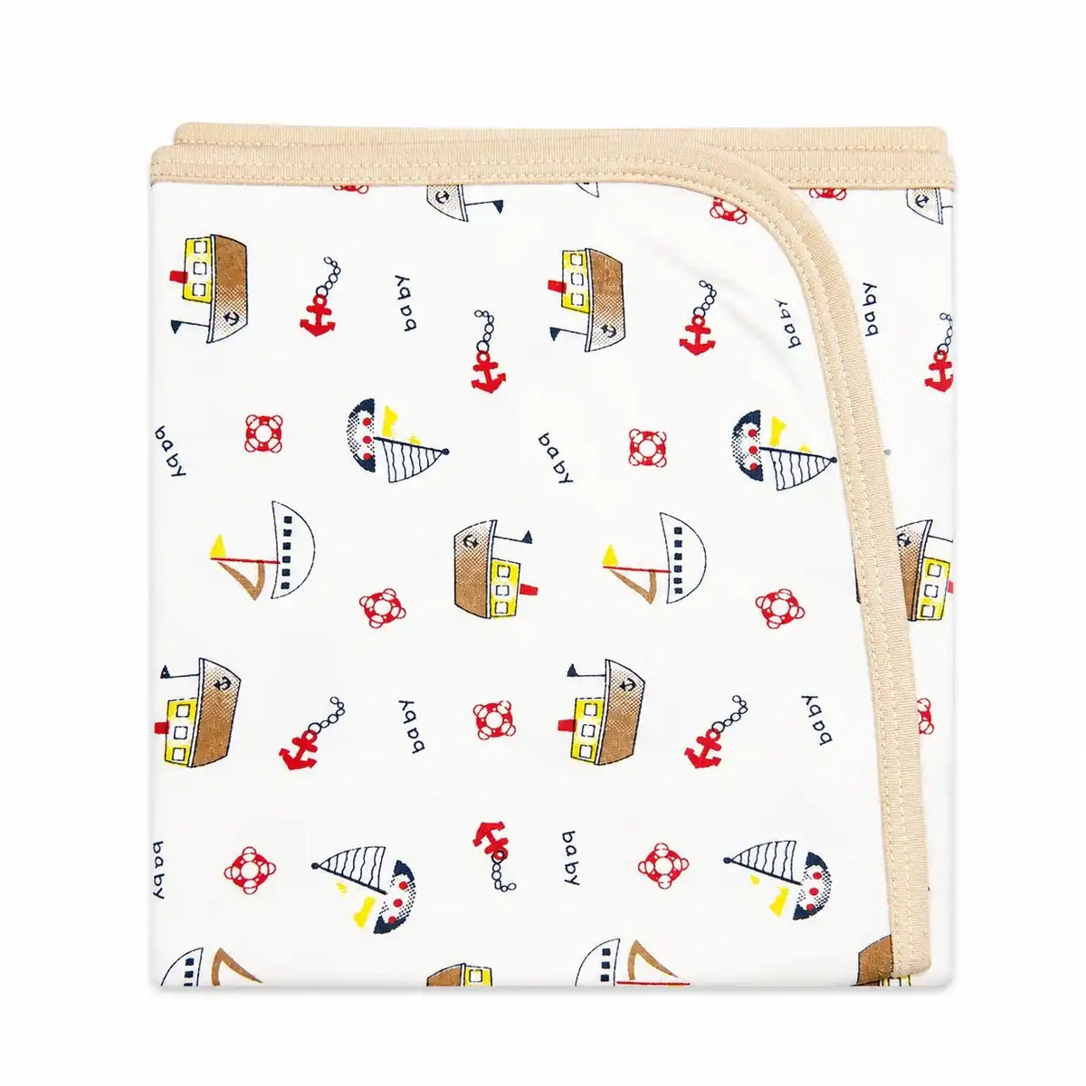 Baby wrapping sheet with nautical boat and anchor print, beige border, soft interlock fabric