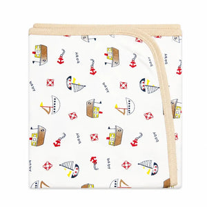 Baby wrapping sheet with nautical boat and anchor print, beige border, soft interlock fabric
