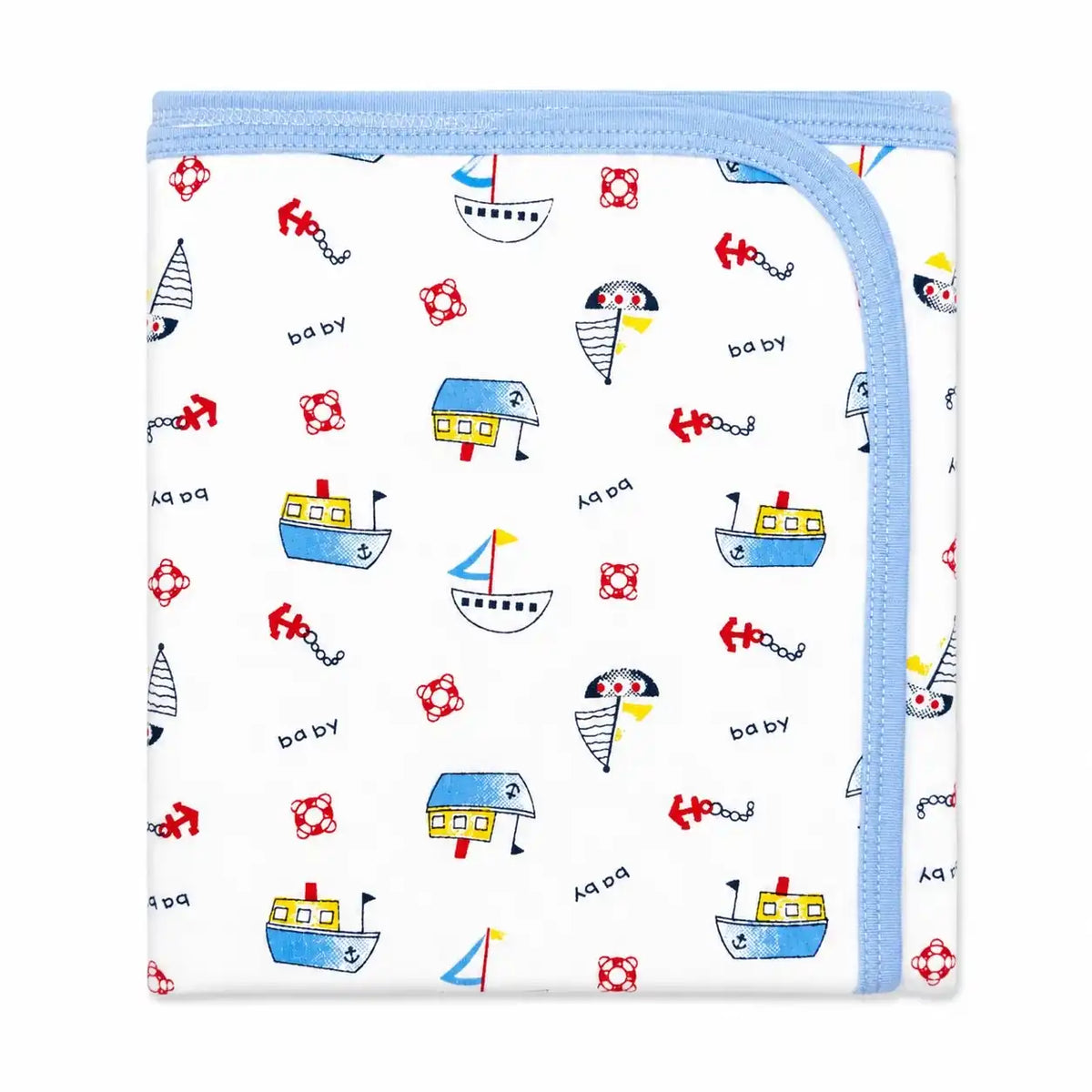Baby wrapping sheet with nautical boat and anchor print, baby blue border, soft interlock fabric