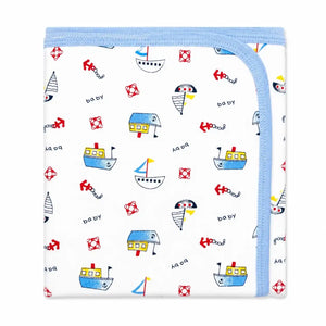 Baby wrapping sheet with nautical boat and anchor print, baby blue border, soft interlock fabric