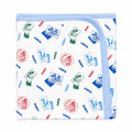 Baby wrapping sheet with cars, trucks and airplane print with baby blue border, soft interlock fabric, 30×30 inches