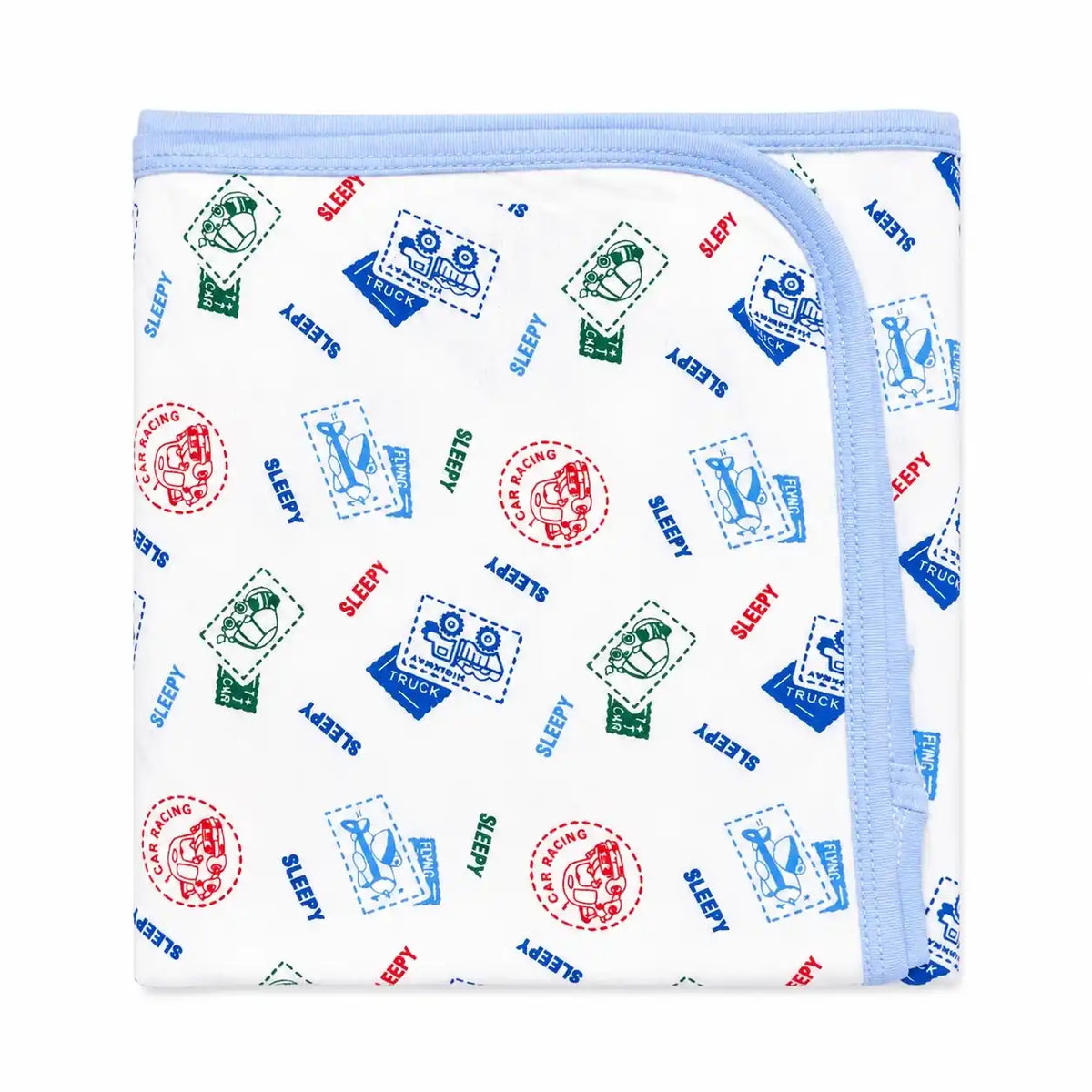 Baby wrapping sheet with cars, trucks and airplane print with baby blue border, soft interlock fabric, 30×30 inches