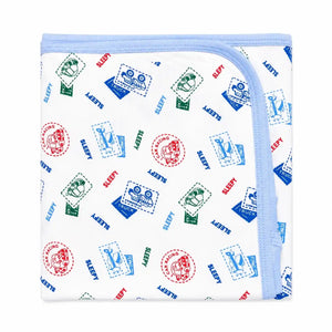 Baby wrapping sheet with cars, trucks and airplane print with baby blue border, soft interlock fabric, 30×30 inches