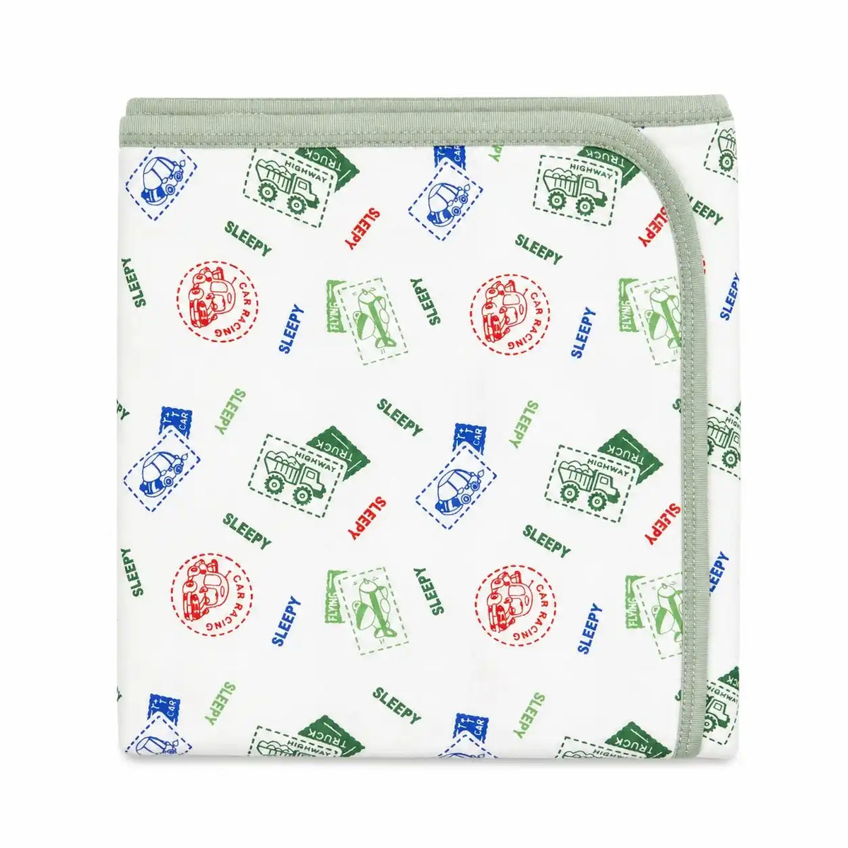 Baby wrapping sheet with colorful vehicle print and sage green border, soft interlock fabric, 30×30 inches