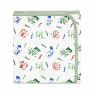 Baby wrapping sheet with colorful vehicle print and sage green border, soft interlock fabric, 30×30 inches
