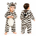Zebra character hooded winter fleece romper jumpsuit brown and white front and back view