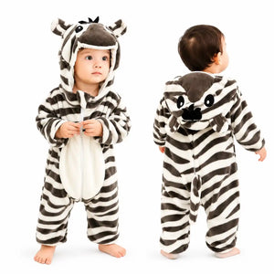 Zebra character hooded winter fleece romper jumpsuit brown and white front and back view