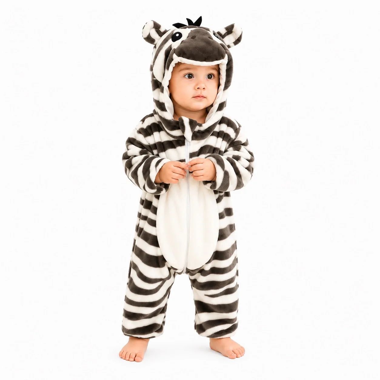 Zebra character hooded winter fleece romper jumpsuit standing front view on white background