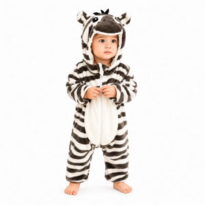 Zebra character hooded winter fleece romper jumpsuit standing front view on white background