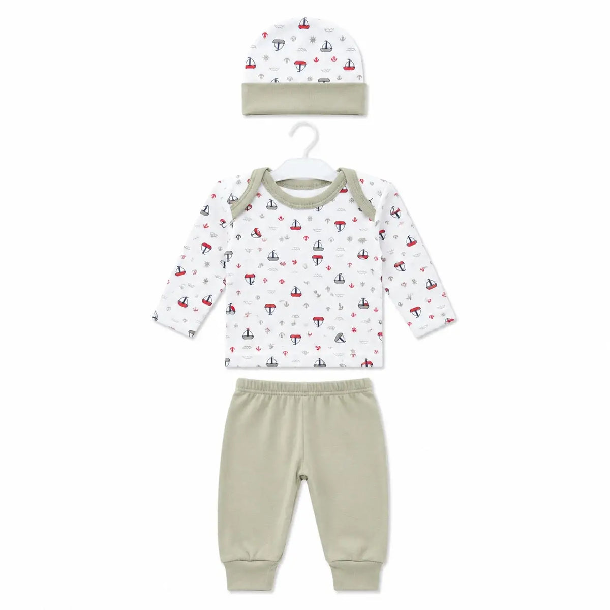 Beige baby 3 piece sailboat print clothing set with full sleeve shirt, matching pants and cap