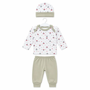 Beige baby 3 piece sailboat print clothing set with full sleeve shirt, matching pants and cap