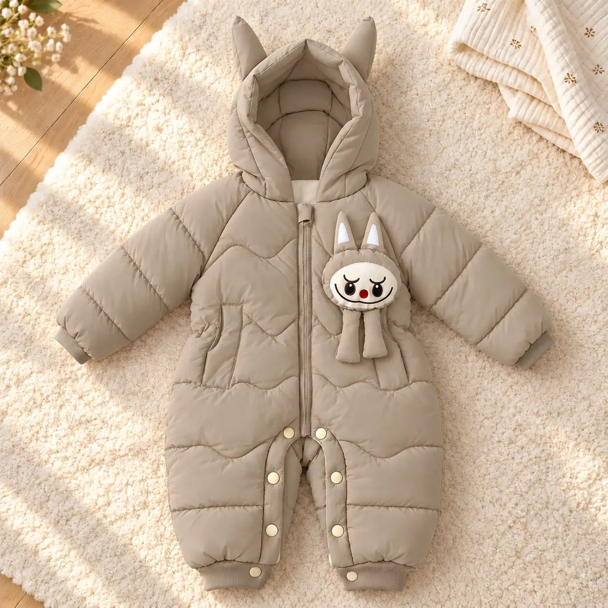 Hooded Parachute Puffer Winter Baby Romper Front