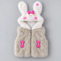 Girls beige faux fur bunny hooded winter vest with white fluffy ears, decorative pink bows and front zipper