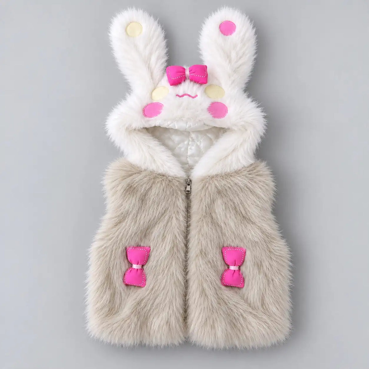 Girls beige faux fur bunny hooded winter vest with white fluffy ears, decorative pink bows and front zipper