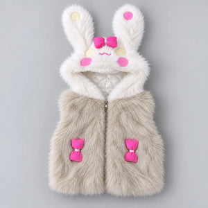 Girls beige faux fur bunny hooded winter vest with white fluffy ears, decorative pink bows and front zipper