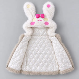 Girls beige bunny hooded fur vest opened to show white diamond-quilted inner lining, bunny ears and zipper closure