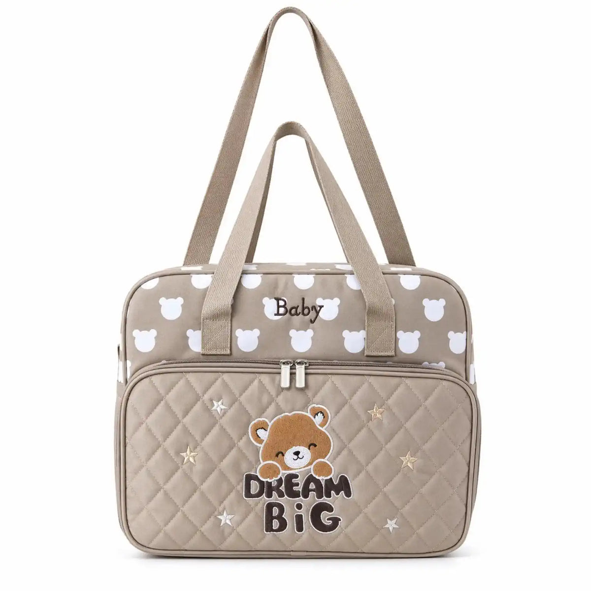 Beige teddy baby diaper bag with carry handles and adjustable shoulder strap