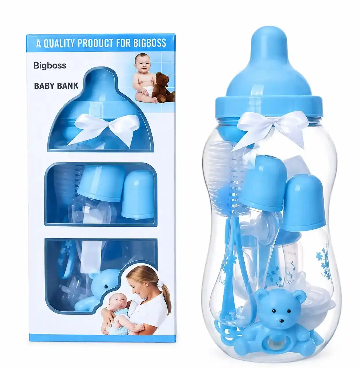 Blue Baby Bank feeding essentials set packed in large feeding bottle-shaped storage container