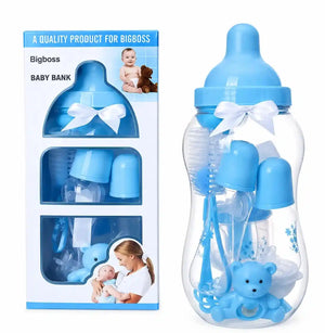 Blue Baby Bank feeding essentials set packed in large feeding bottle-shaped storage container