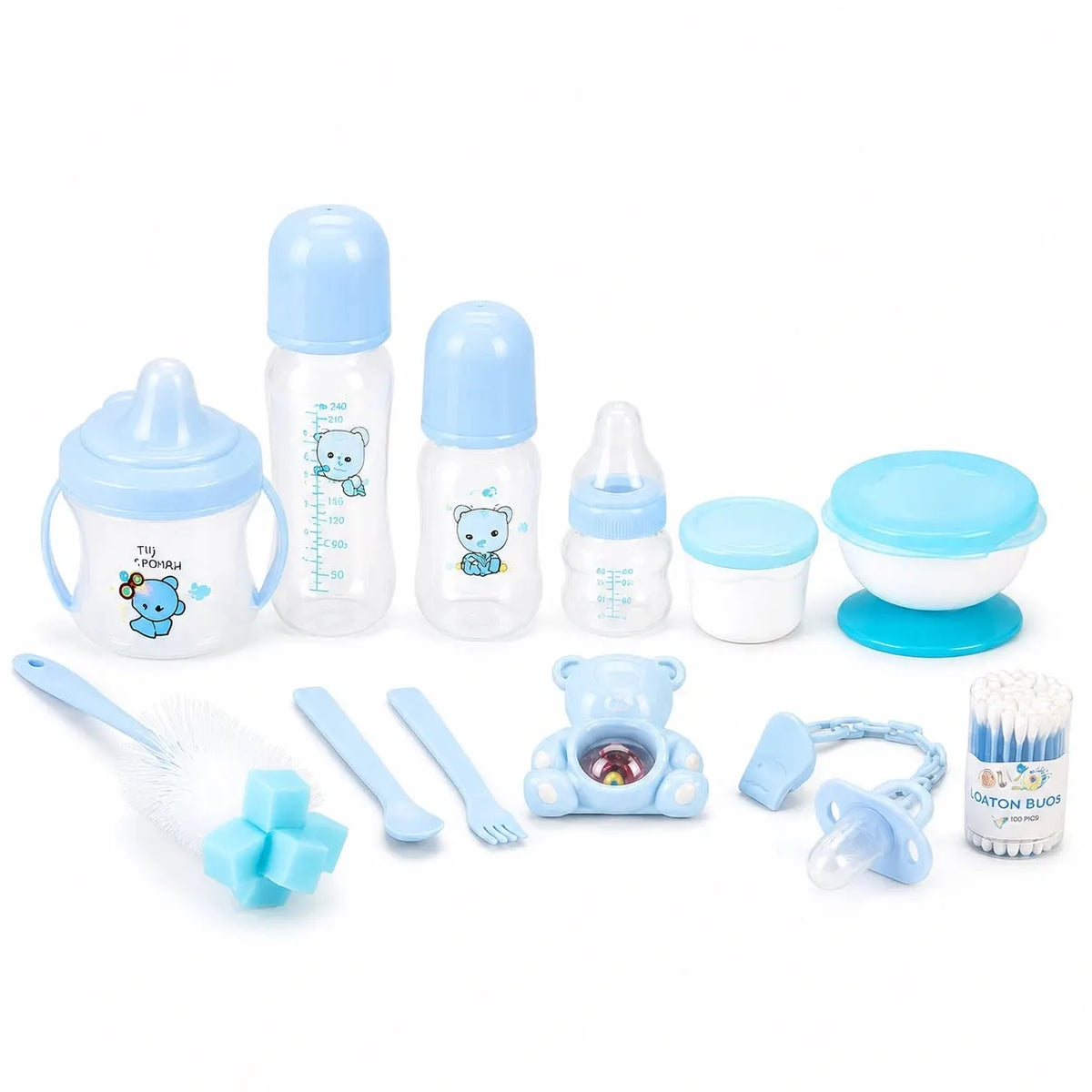 Blue Baby Bank feeding essentials set with bottles, bowl, cup, brush and baby accessories