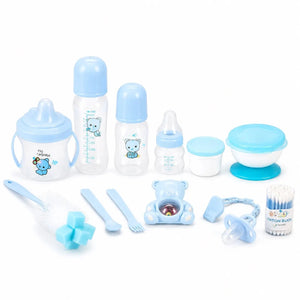 Blue Baby Bank feeding essentials set with bottles, bowl, cup, brush and baby accessories