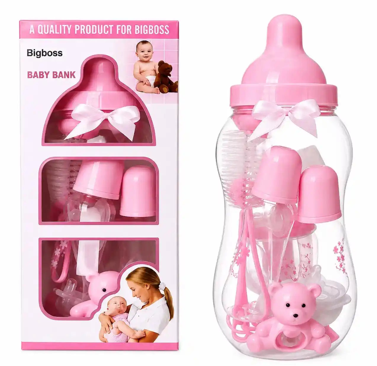 Pink Baby Bank feeding essentials set packed in large feeding bottle-shaped storage container
