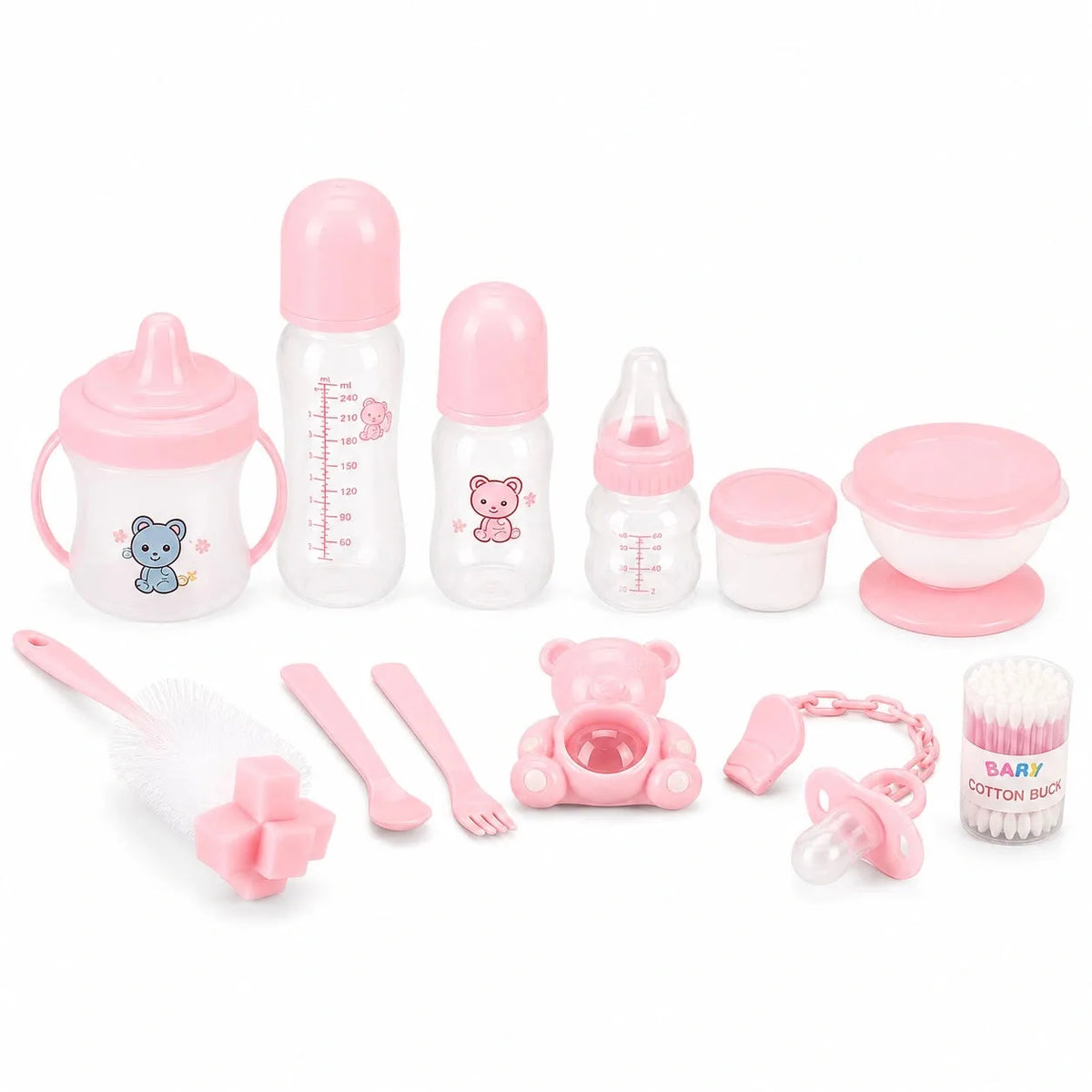 Pink Baby Bank feeding essentials set with bottles, bowl, cup, brush and baby accessories