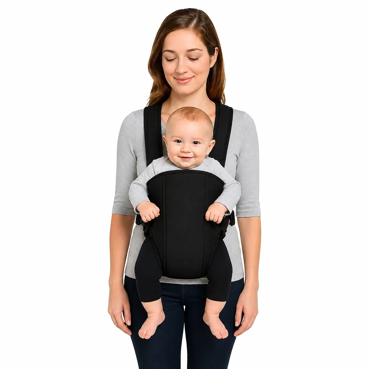Black front facing baby carrier worn by mother with baby
