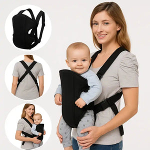 Black baby carrier showing multiple wearing positions and adjustable straps