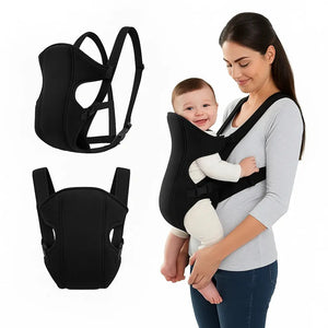 Black baby carrier product views with mother carrying baby