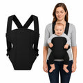Black baby carrier with mother carrying baby in front position