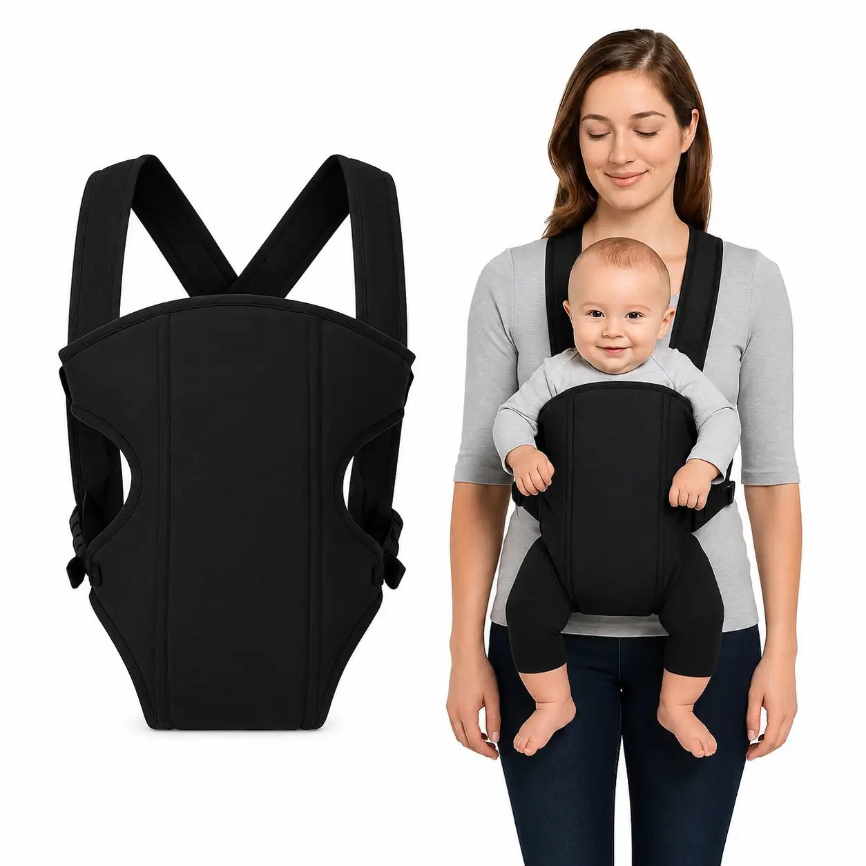 Black baby carrier with mother carrying baby in front position