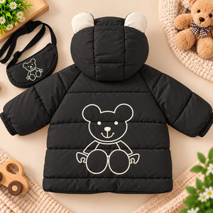 Hooded Parachute Puffer Winter Jacket Bear Design Back View – Black