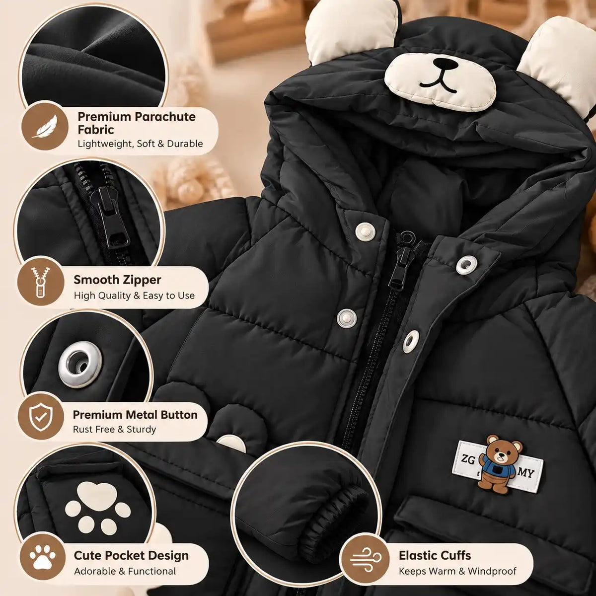 Hooded Parachute Puffer Winter Jacket Fabric, Zipper and Pocket Details – Black