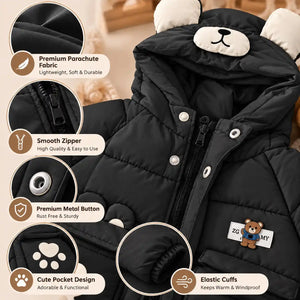 Hooded Parachute Puffer Winter Jacket Fabric, Zipper and Pocket Details – Black