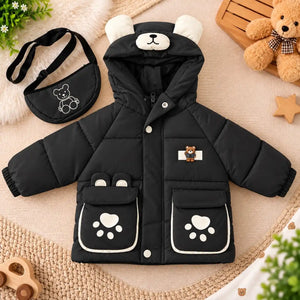 Hooded Parachute Puffer Winter Jacket with Bear Pockets – Black Front View