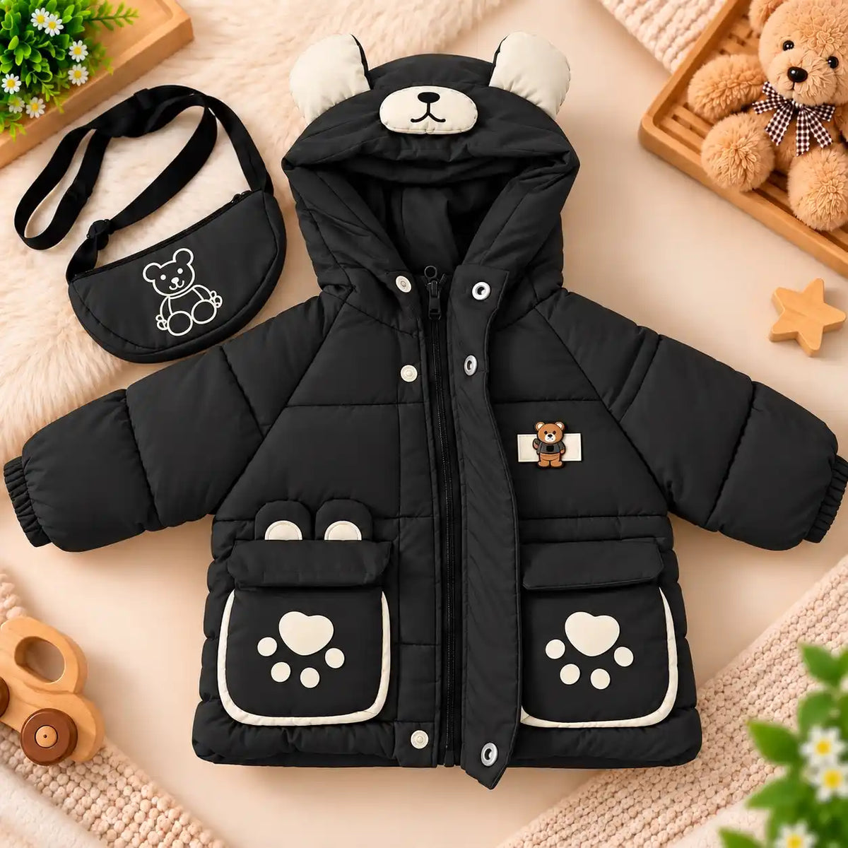 Hooded Parachute Puffer Winter Jacket with Bear Pockets – Black Open Front View
