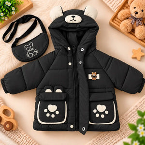Hooded Parachute Puffer Winter Jacket with Bear Pockets – Black Open Front View