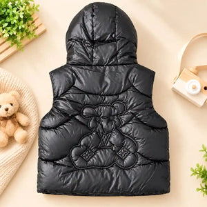Black Kids Hooded Parachute Sando Jacket Back View with Bear Design