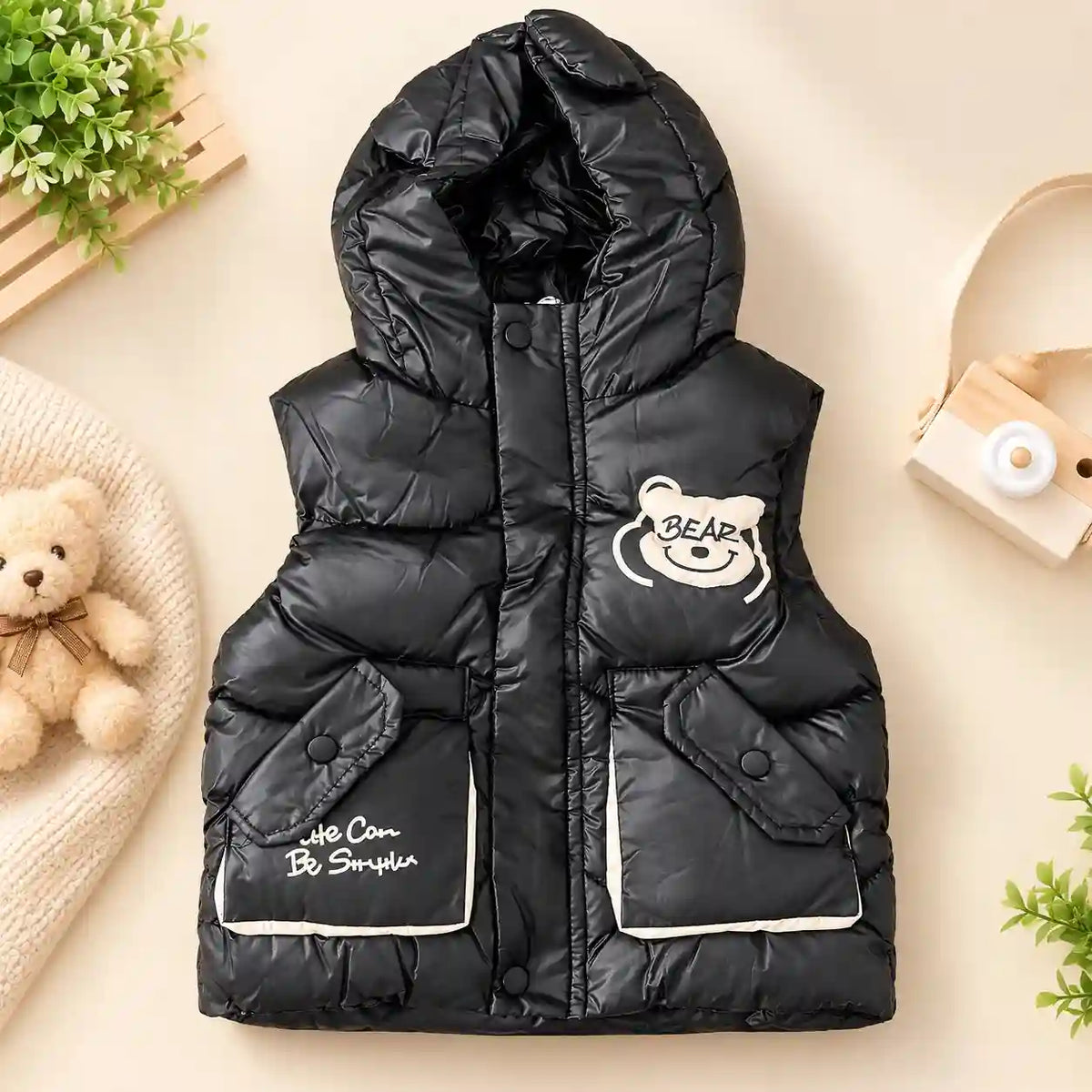 Black Kids Hooded Puffer Sando Jacket with Front Zip and Bear Pockets