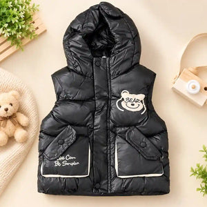Black Kids Hooded Puffer Sando Jacket with Front Zip and Bear Pockets