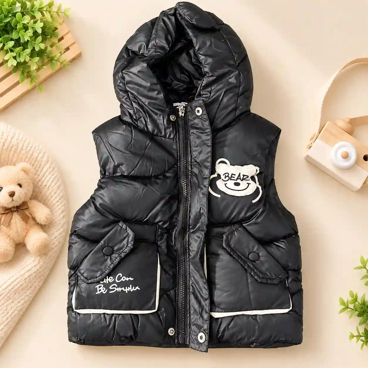 Black Kids Hooded Parachute Puffer Sando Jacket Front View