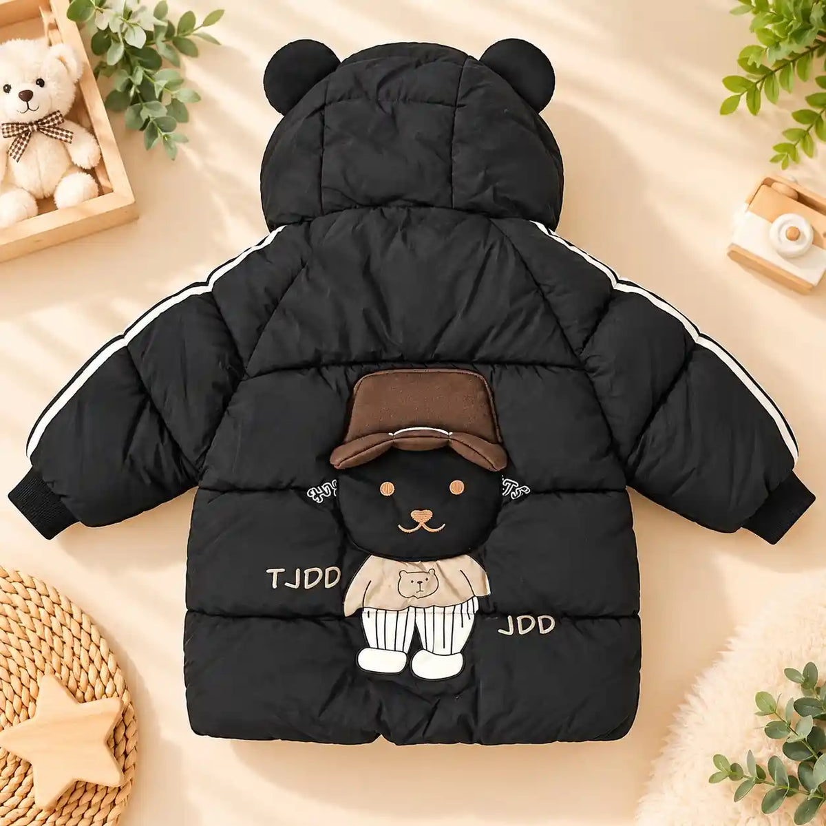 Black Hooded Puffer Winter Jacket Back Character Design
