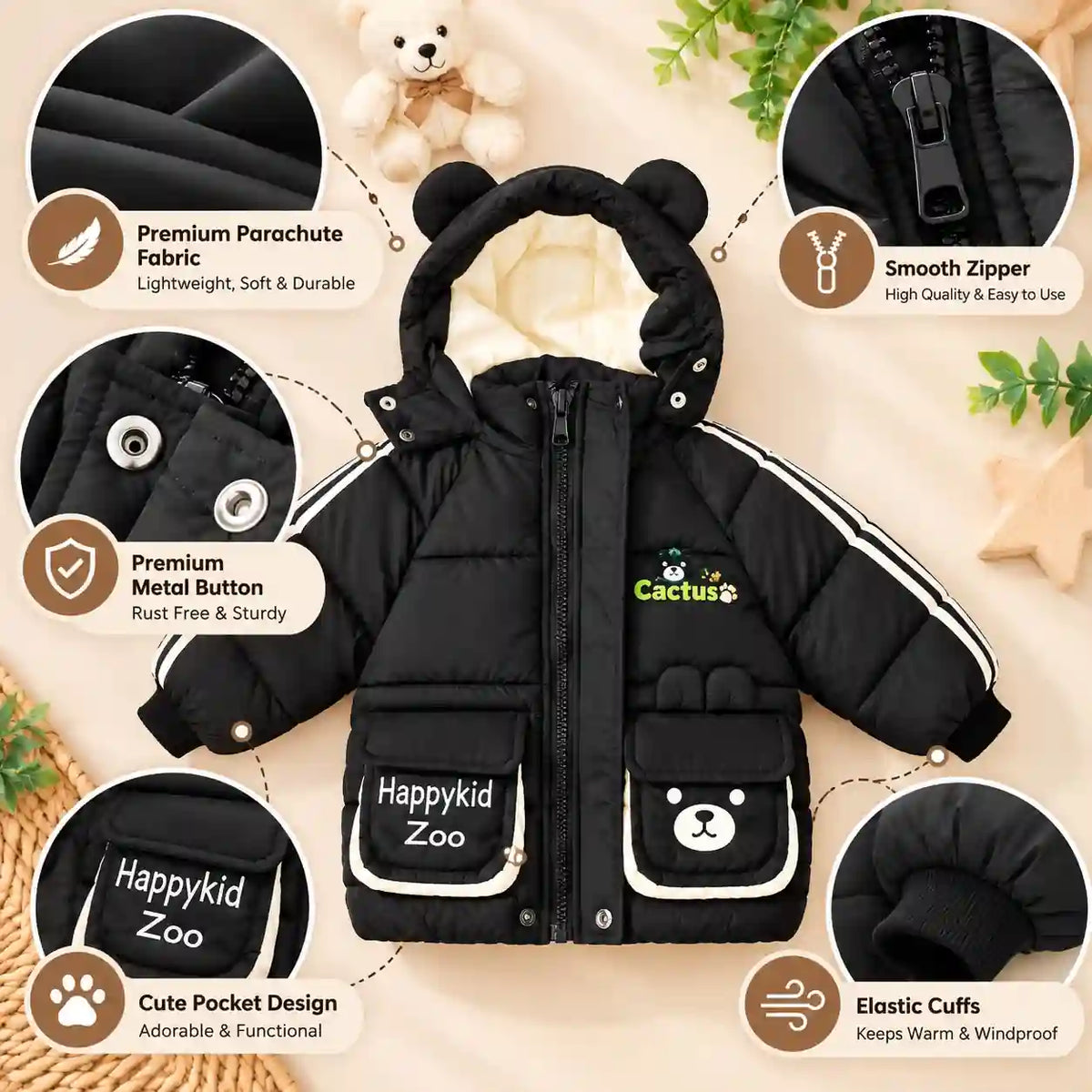 Black Hooded Parachute Winter Jacket Front Zip and Bear Pocket Design