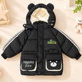 Black Hooded Parachute Puffer Winter Jacket with Bear Pockets