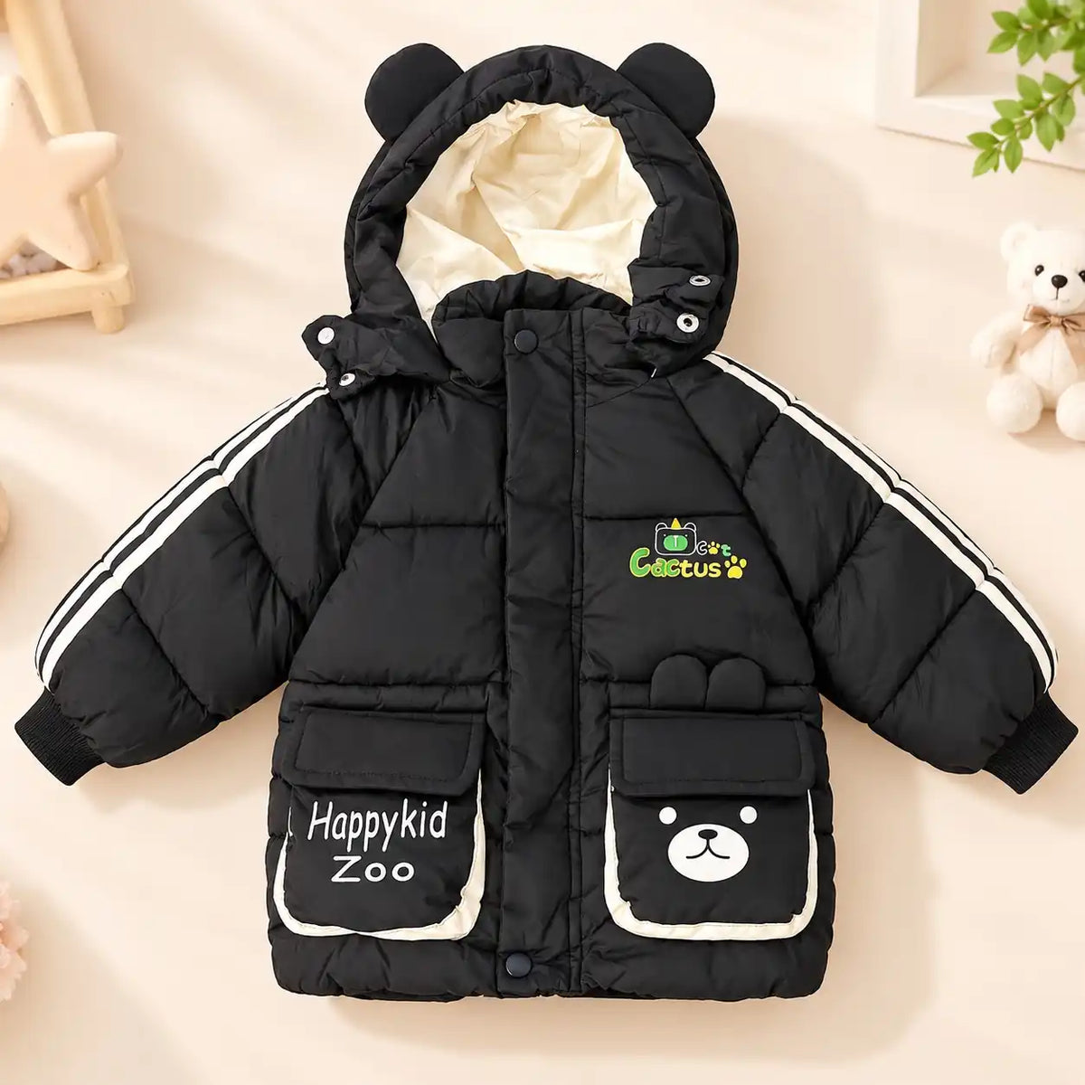 Black Hooded Parachute Puffer Winter Jacket with Bear Pockets