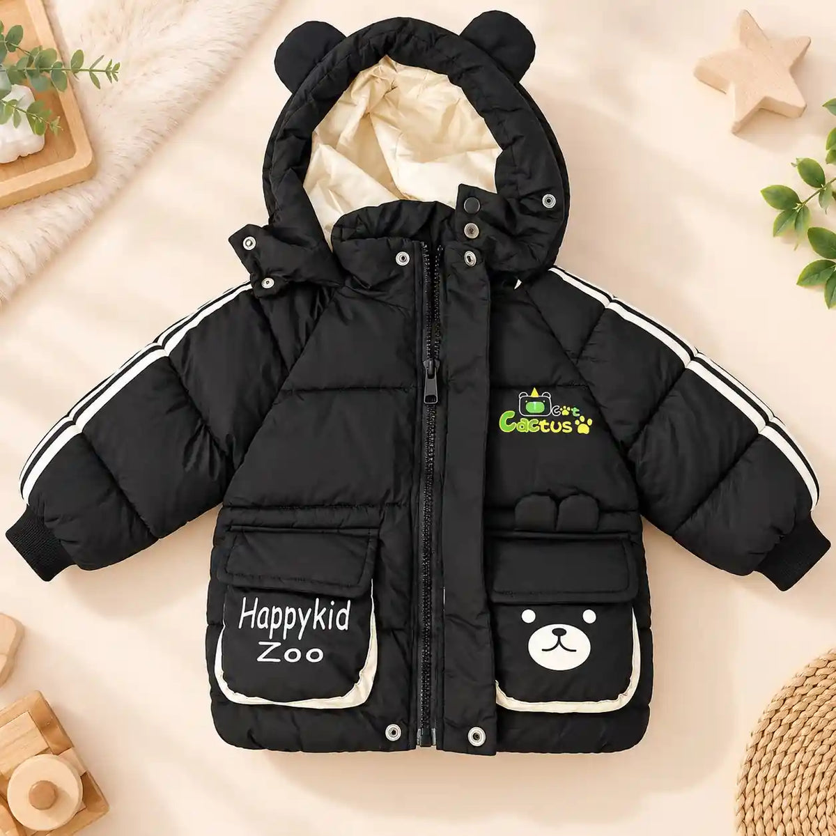 Black Parachute Puffer Jacket Fabric Zip Pocket and Cuff Details
