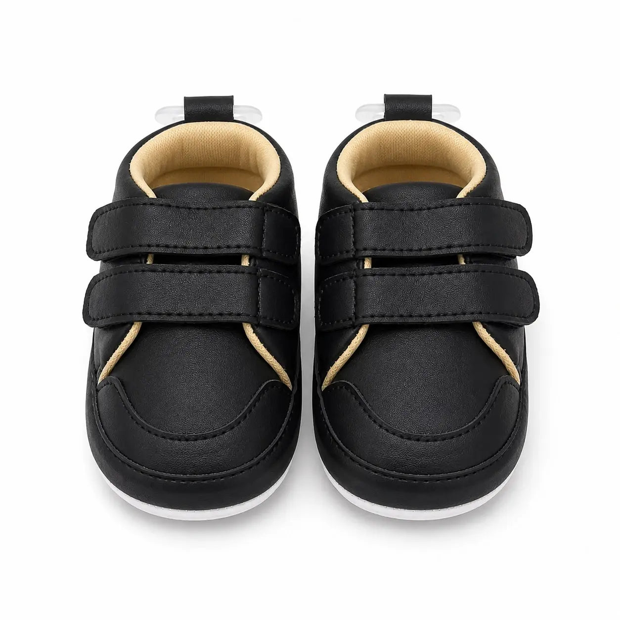 Front view of baby boys black soft sole shoes with double adjustable straps