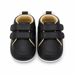 Front view of baby boys black soft sole shoes with double adjustable straps