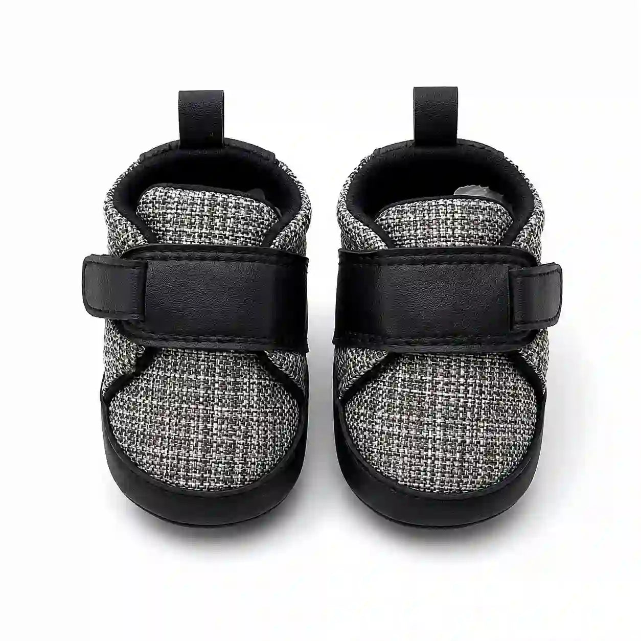 Black and grey textured strap baby shoes front view